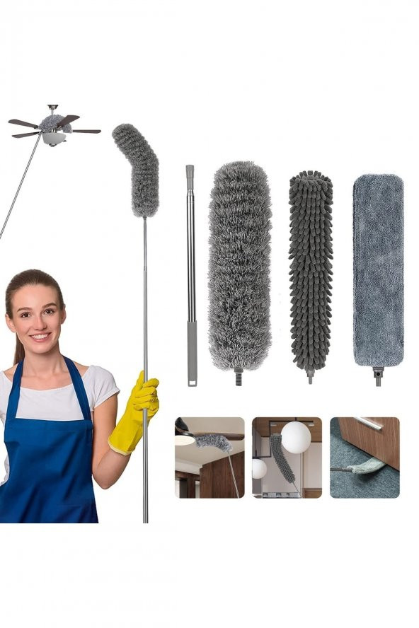 (3 FARKLI BAŞLIKLI) Mikrofiber Anti-statik Bükülebilir Teleskopik Köşe Bucak Toz Alma Püskülü