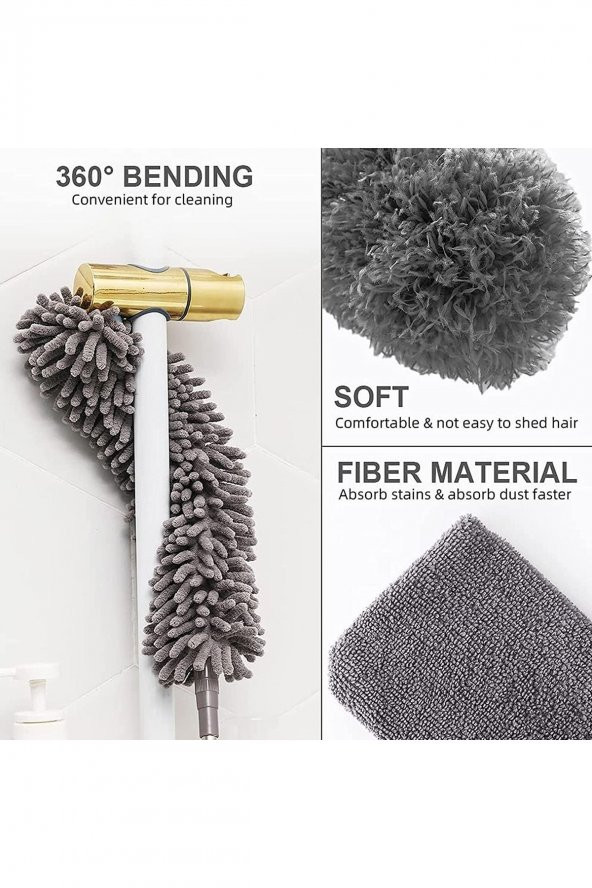 3 FARKLI BAŞLIKLI Mikrofiber Anti-statik Bükülebilir Teleskopik Köşe Bucak Toz Alma Püskülü - 4