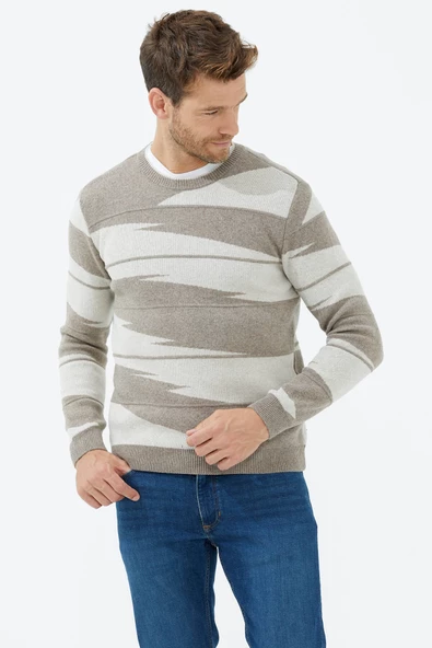 Sıfır Yaka Desenli Triko Kazak - Sütlü Kahve - Resim 4