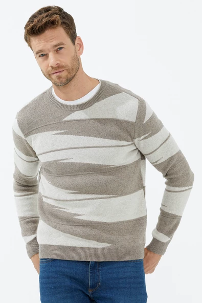 Sıfır Yaka Desenli Triko Kazak - Sütlü Kahve - Resim 3