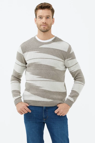 Sıfır Yaka Desenli Triko Kazak - Sütlü Kahve - Resim 2