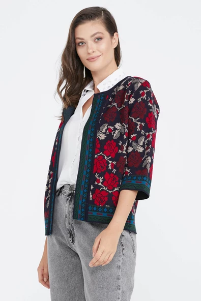 Desenli Triko Kadın Ceket - Lacivert - Bordo