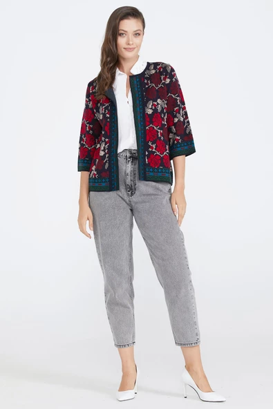 Desenli Triko Kadın Ceket - Lacivert - Bordo - 2