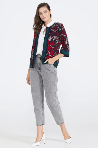 Desenli Triko Kadın Ceket - Lacivert - Bordo - 3