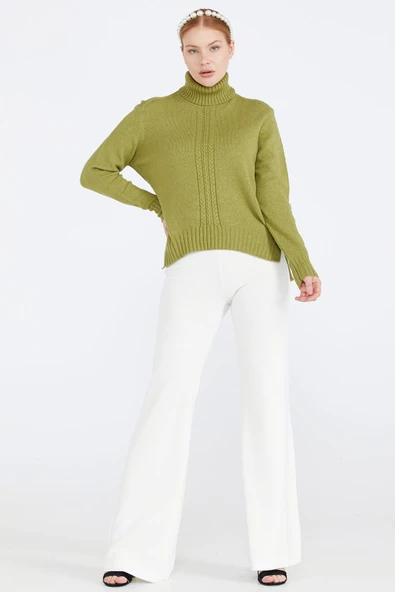 Tam Balıkçı Kadın Triko Kazak - Yeşil - 2