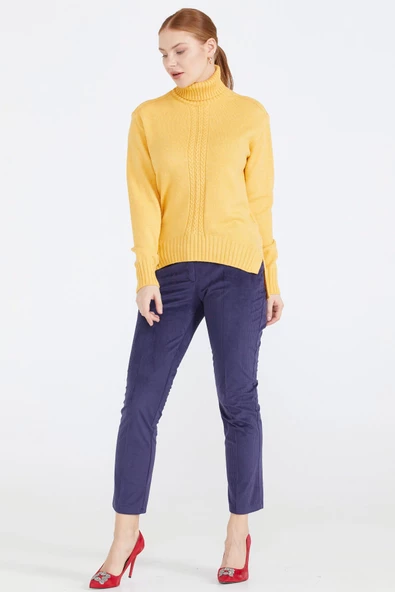 Tam Balıkçı Kadın Triko Kazak - Hardal - 3