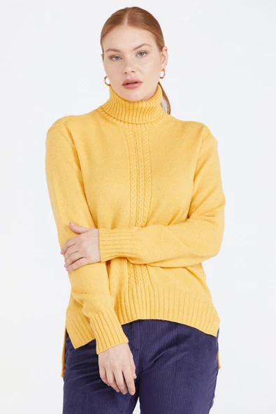 Tam Balıkçı Kadın Triko Kazak - Hardal