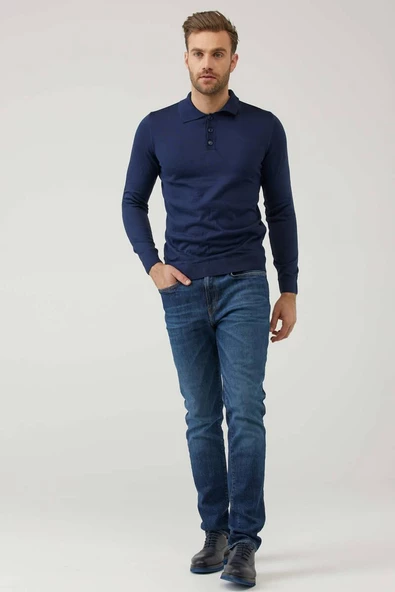 Erkek Polo Yaka Triko Kazak - Lacivert - Resim 2