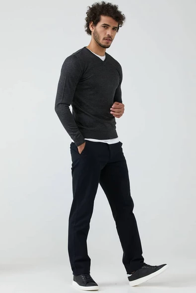 Erkek V Yaka Basic Triko Kazak - Antrasit - Resim 3