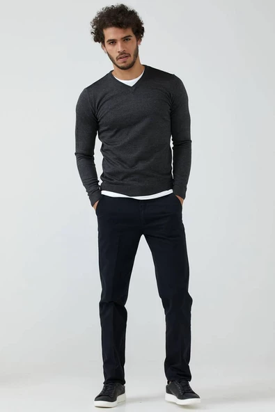 Erkek V Yaka Basic Triko Kazak - Antrasit - Resim 2