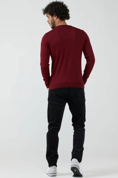 Erkek V Yaka Basic Triko Kazak - Bordo - 3