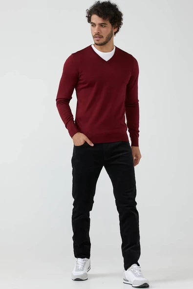 Erkek V Yaka Basic Triko Kazak - Bordo - 2