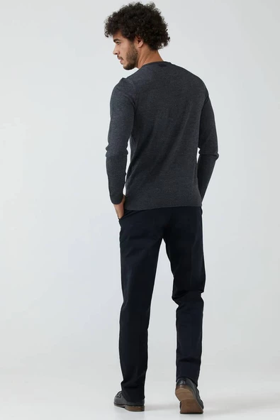 Erkek Sıfır Yaka Basic Triko Kazak - Antrasit - Resim 3