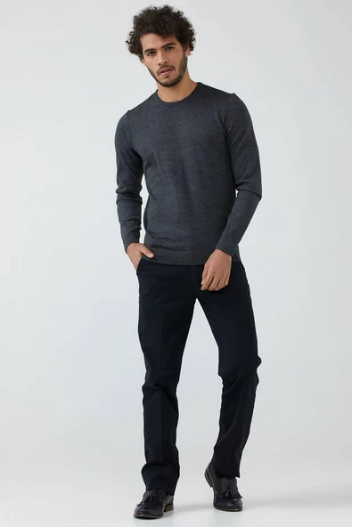 Erkek Sıfır Yaka Basic Triko Kazak - Antrasit - Resim 2