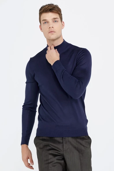 Erkek Yarım Boğazlı Triko Kazak - Lacivert - Resim 2