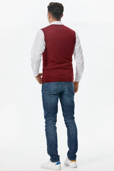 Erkek V Yaka Kolsuz Triko Süveter - Bordo - 4