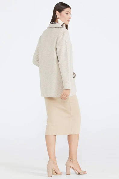 Kadın Polo Yaka Cepli Nakışlı Triko Ceket - Açık Bej - 3