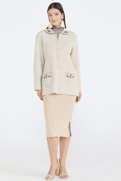 Kadın Polo Yaka Cepli Nakışlı Triko Ceket - Açık Bej - 2