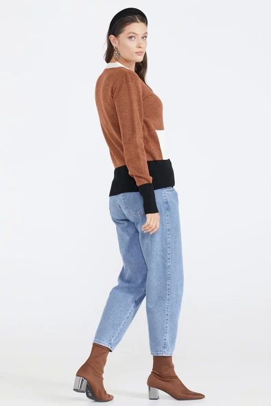 Kadın Renkli Cepli Triko Hırka - Taba - Resim 4