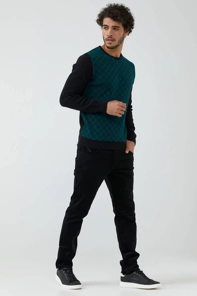 Erkek Sıfır Yaka Desenli Triko Kazak - Siyah - Yeşil - Resim 2