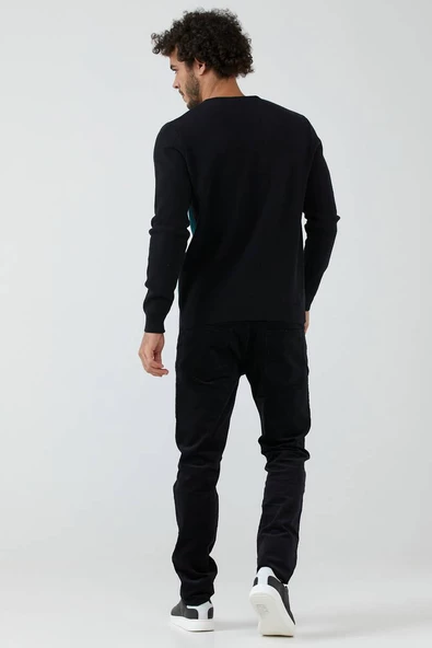 Erkek Sıfır Yaka Desenli Triko Kazak - Siyah - Yeşil - Resim 4