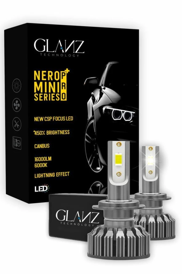 Glanz H7 Nero Pro Canbus Mini Slim CSP Led Xenon Şimşek 16000LM  6000K Beyaz Far Ampulü