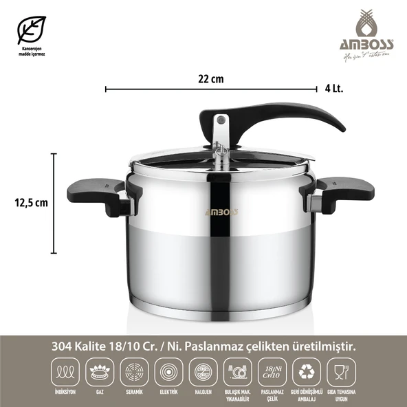 Amboss Enio Paslanmaz Çelik Klasik Düdüklü Tencere 4 Lt - 3