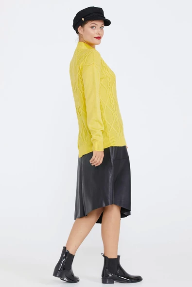 Kadın Yırtmaçlı Triko Kazak - Sarı - Resim 4