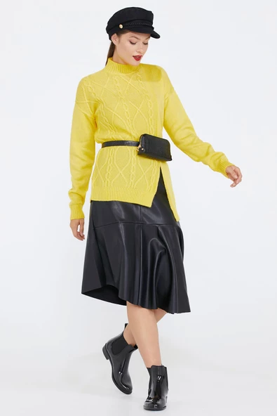 Kadın Yırtmaçlı Triko Kazak - Sarı ürün görseli