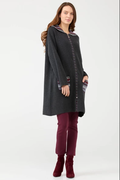 Kadın Kapüşonlu Fermuarlı Triko Ceket - Antrasit - 2