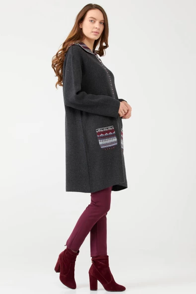 Kadın Kapüşonlu Fermuarlı Triko Ceket - Antrasit - 3