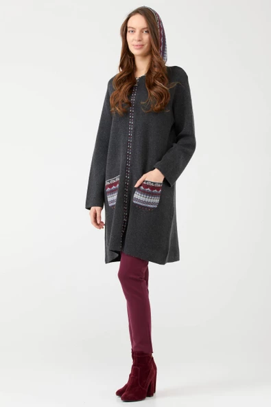 Kadın Kapüşonlu Fermuarlı Triko Ceket - Antrasit