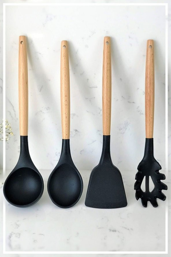 Silikon Kaşık & Kepçe Bambu Saplı & Spatula & Spagetti 4lü Set-siyah