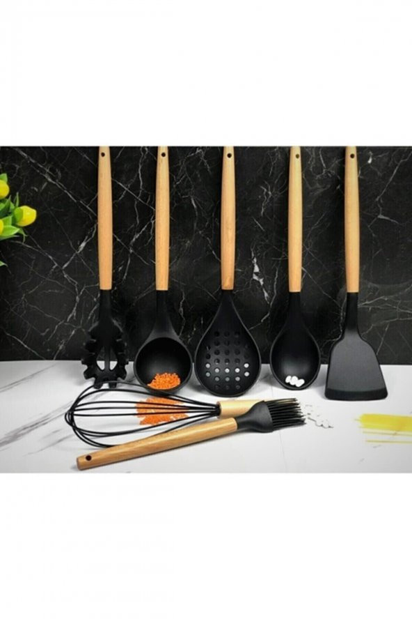 Silikon Kepçe Spatula Mutfak Seti 7 Parça Bambu Saplı Siyah