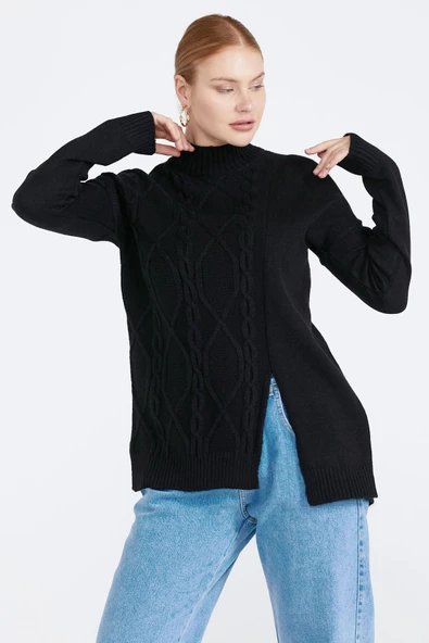 Kadın Yırtmaçlı Triko Kazak - Siyah - Resim 3