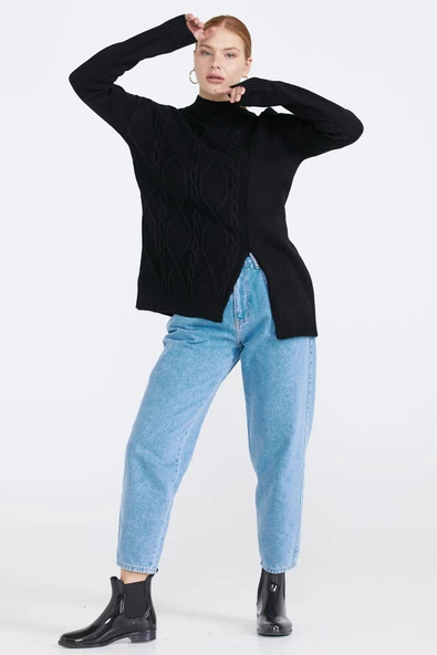 Kadın Yırtmaçlı Triko Kazak - Siyah - Resim 2