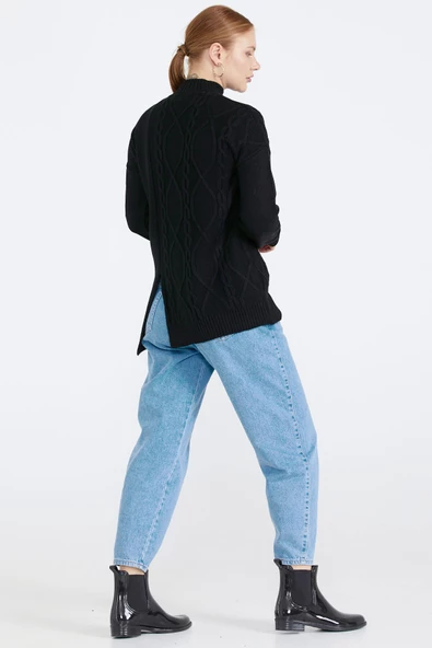 Kadın Yırtmaçlı Triko Kazak - Siyah - Resim 4