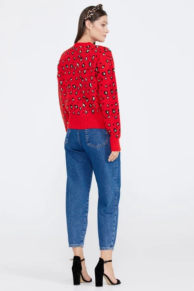 Kadın Leopar Desenli Triko Hırka - Kırmızı - Siyah - Resim 4