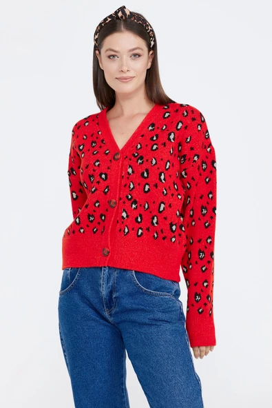 Kadın Leopar Desenli Triko Hırka - Kırmızı - Siyah ürün görseli