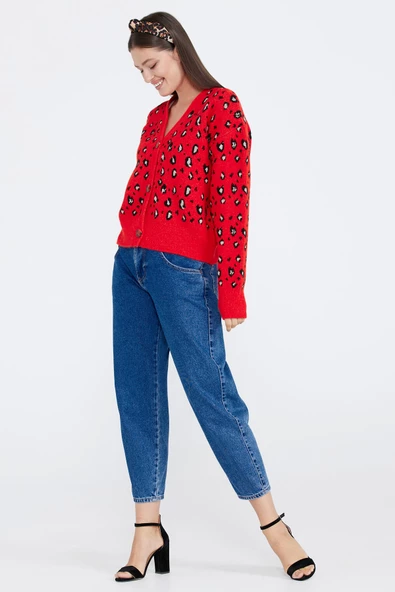 Kadın Leopar Desenli Triko Hırka - Kırmızı - Siyah - Resim 3