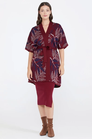 Desenli Kadın Triko Ceket - Bordo - 2