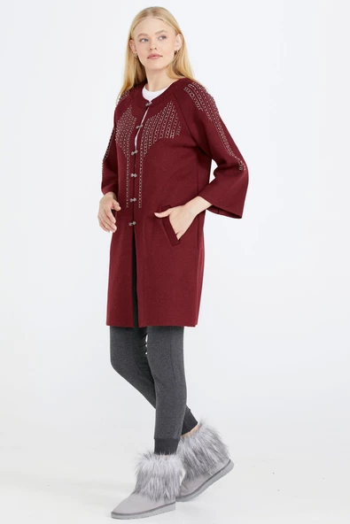 Kadın Taşlı Agraflı Triko Ceket - Bordo - 3
