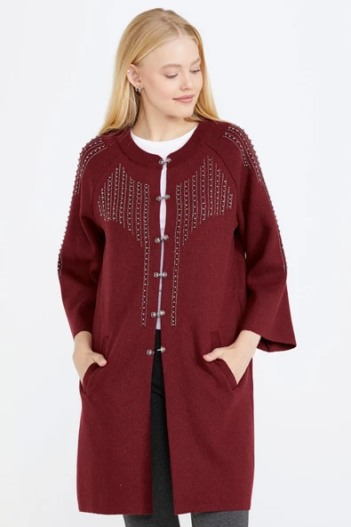 Kadın Taşlı Agraflı Triko Ceket - Bordo