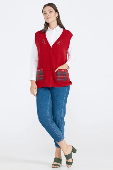 Cepli Fermuarlı Triko Yelek - Kırmızı - Resim 2