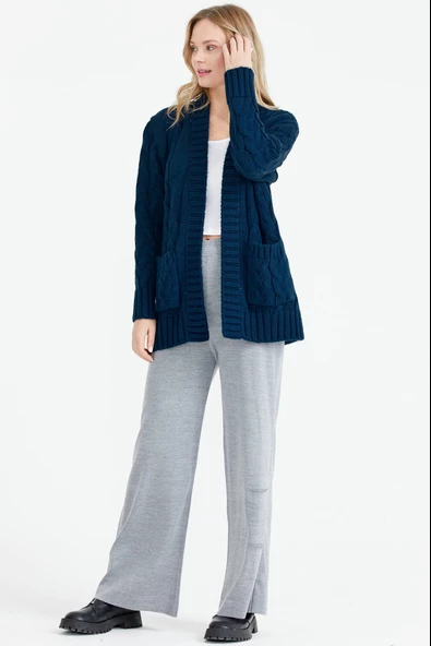 Kadın Saç Örgü Yünlü Triko Ceket - Lacivert - Resim 3