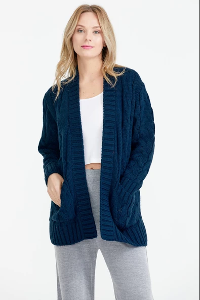 Kadın Saç Örgü Yünlü Triko Ceket - Lacivert ürün görseli 1