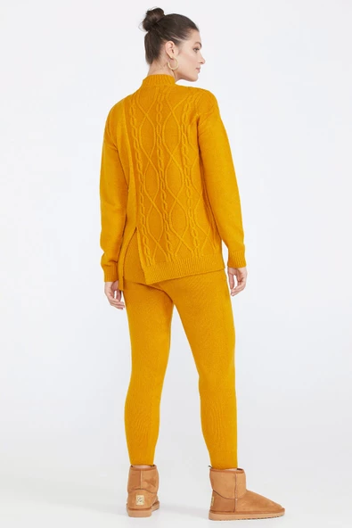 Kadın Yırtmaçlı Triko Kazak - Kayısı - Resim 3