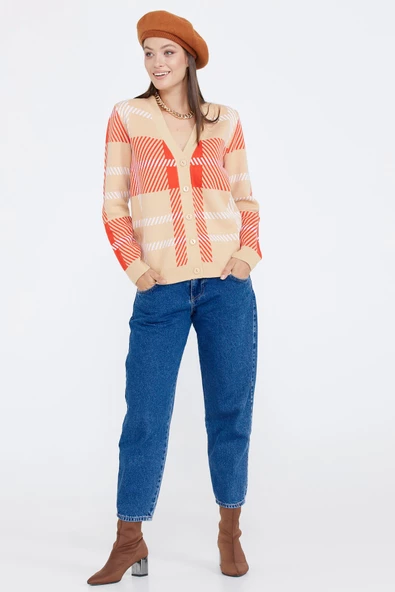 Desenli V Yaka Kadın Triko Hırka - Bej - Resim 3