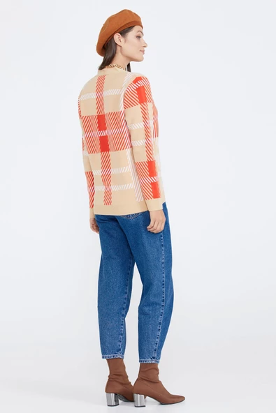 Desenli V Yaka Kadın Triko Hırka - Bej - Resim 4