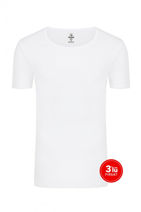 Erkek Pamuklu Sıfır Yaka Tshirt 3'lü Paket - Beyaz